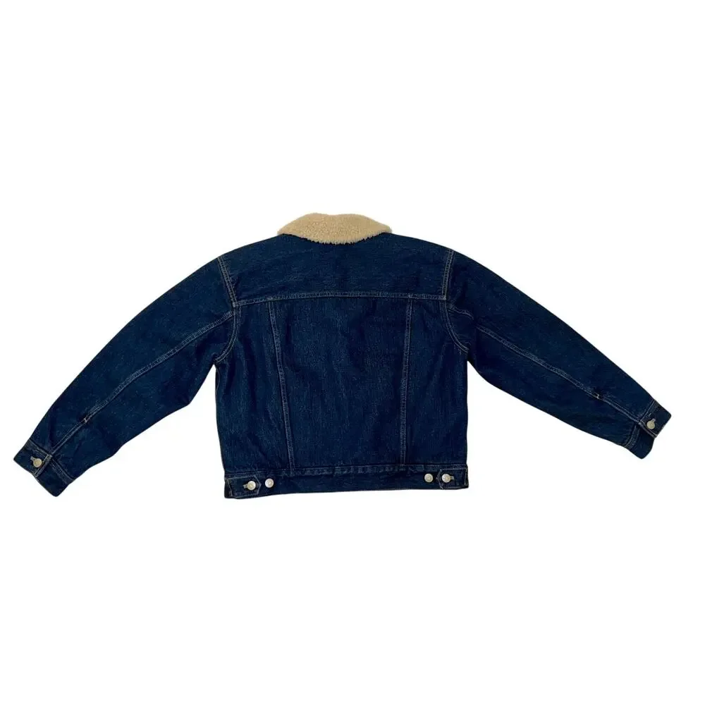 Madewell Cropped Sherpa Denim Trucker Jacket Medium Oversized Western Americana - Picture 4 of 16